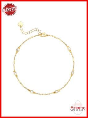 Gold Plated Anklet with Cubic Zirconia Sparkle Step Chain